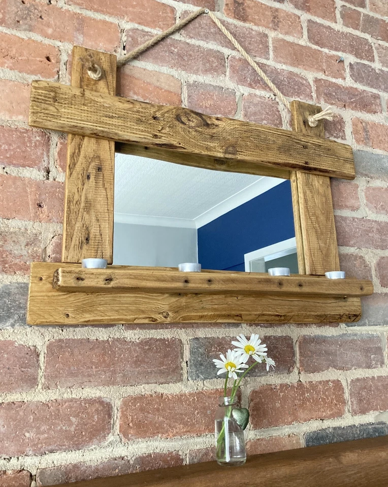 ESPEJO RÚSTICO DE GRANJA, ESTANTE PARA VELAS, HECHO A MANO, madera de palet recuperada, grueso Foto 4 de 4