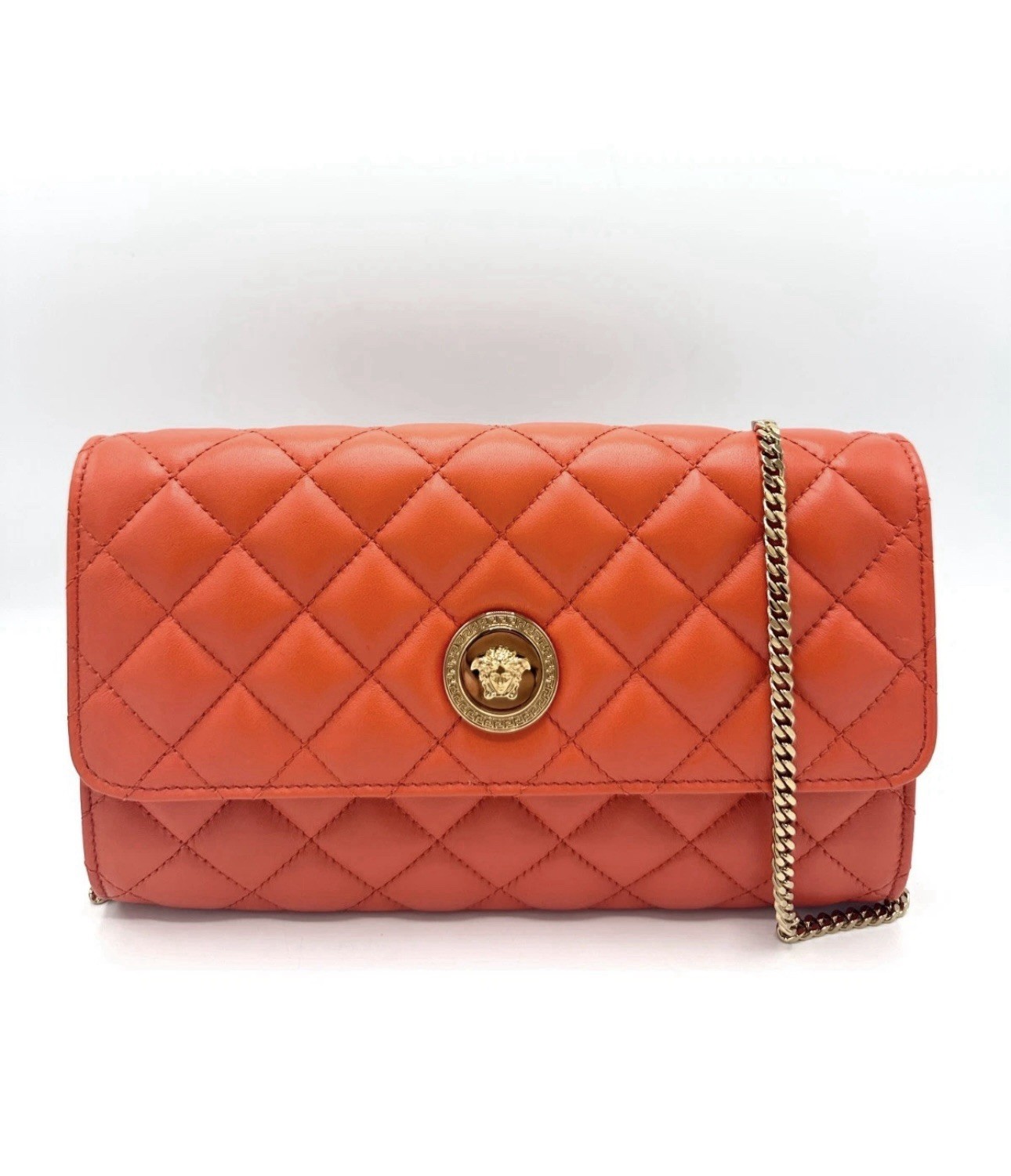 NWT VERSACE Wallet On Chain Quilted Lamb Leather Coral And Gold $1795 Retail