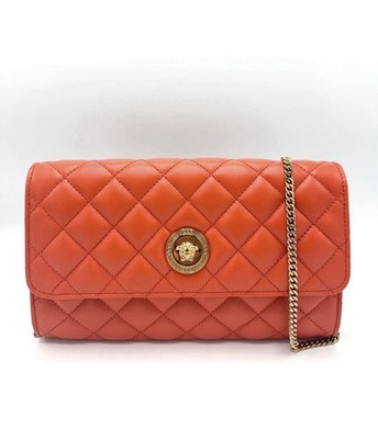 NWT VERSACE Wallet On Chain Quilted Lamb Leather Coral And Gold $1795 Retail