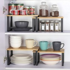 Wood Metal Cupboard Shelf Space Saving Kitchen Organiser for Pantry Counter 2pcs
