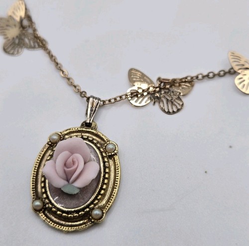 Victorian Revival Rose Pendant Gold Butterfly Necklace Floral Cameo Seed Pearls