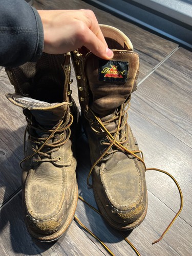 Brown leather Thorogood 804-3898 men’s waterproof moc toe boots with lace-up front and visible Thorogood branding.
