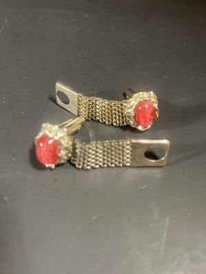 Vntg. Silver Tone Raspberry Pink Cabochon  Wrap Around Mesh Cufflinks Cuff Links