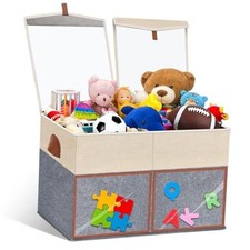Large Toy Storage Box with Clear Lids Collapsible Toys 1 Pack Beige and Grey
