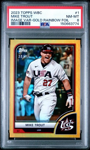 2023 Topps WBC 1 MIKE TROUT IMAGE VARIATION -/50 GOLD RAINBOW FOIL - PSA 8