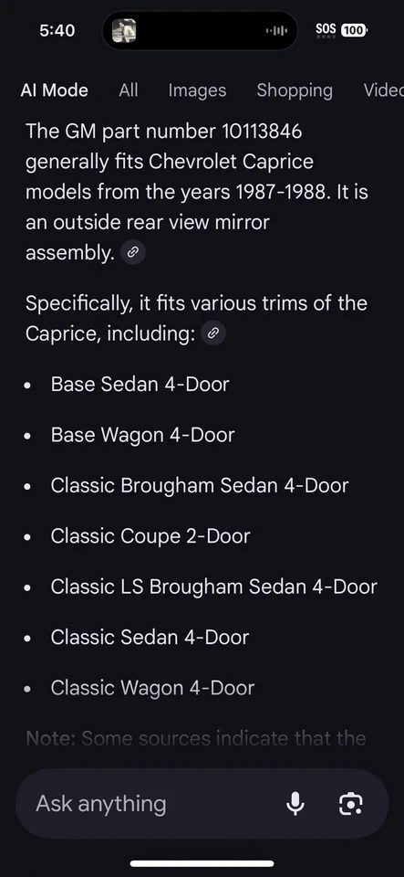 New OEM GM 10113846 - GM RH Mirror For 1987-1988 Chevy Caprice Flat Black - Image 2 of 4