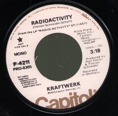 Kraftwerk Radioactivity 7'' vinyl USA Capitol 1975 promo 7'' featuring mono and