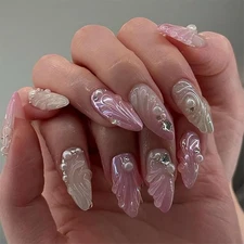 evpct Spring  Summer Press on Nails Medium Almond, Pearl White Pink Fake Nail...