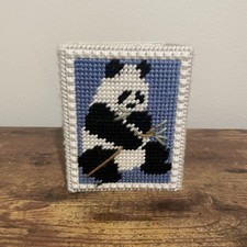 VTG Plastic Canvas Knitted Handmade Box Cover - Panda Bear