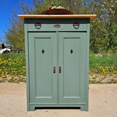 Vertiko Kommode Schrank mit Einlegearbeiten antik lackiert Highboard green smoke - Bild 1 von 4