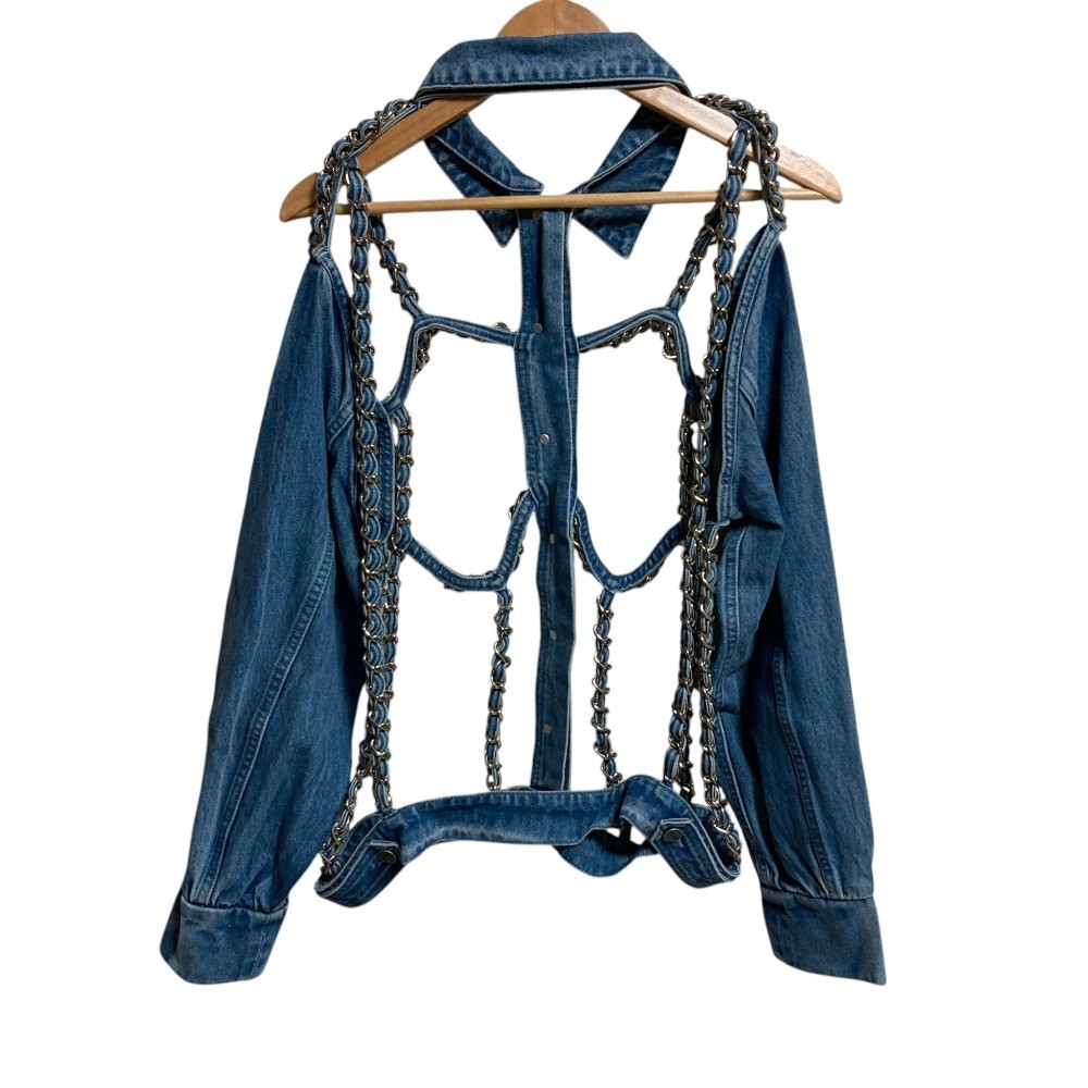 PAMEO POSE - PONY STONE  希少✨HAND-KNITTED DENIM JACKET PONY STONE Metal Chain Backless Denim Jacket, One Size, Blue Women