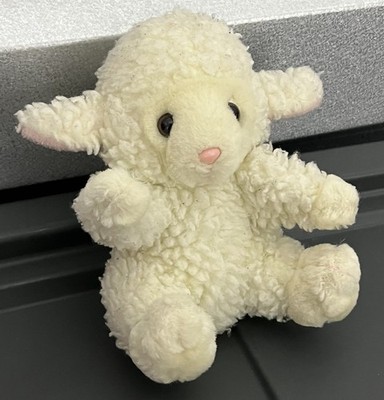 Vintage White Wooly Lamb Plush Puppet Arms Curly White Cream Sheep Pink Nose 7 