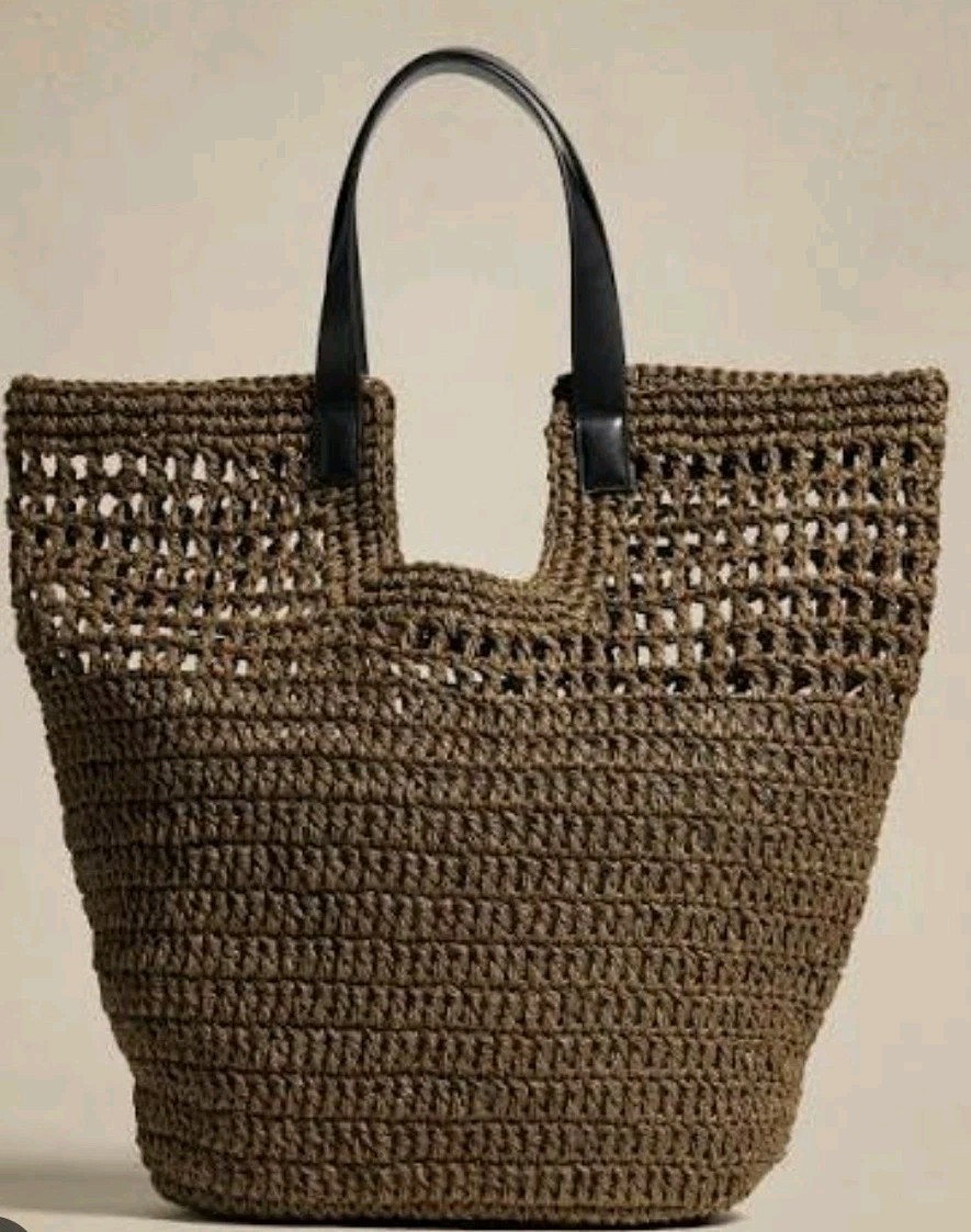 Banana Republic Paper Straw Shopper Green Black Strap Vegan Beach Tote Bag OS