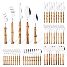 50PCS Silverware Set for 10, Bamboo Handle Flatware Set, Stainless Steel Cutl...