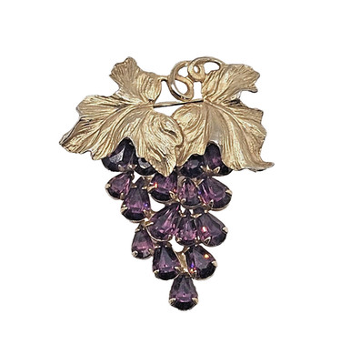 Vintage Napier Grapes Brooch Pin w/Gold Tone Leaves Purple Teardrop Rhinestones