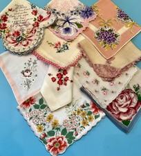10 VINTAGE 1950's PINK FLORAL EMBROIDERED CROCHET HANKIES