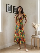 Farm Rio Fruit Salad Midi Dress Small Tropical Print Square Neck NWT
