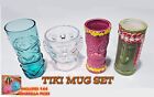 Tiki Mugs Set of 4 Multicolor Ceramic / Glass Cocktail Bar Cups + Free Umbrellas