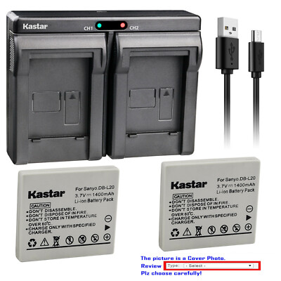 Kastar DB-L20 Battery Charger Sanyo VPC-CG9 VPC-E1 VPC-E2 VPC-E6 VPC-E7 VPC-S7