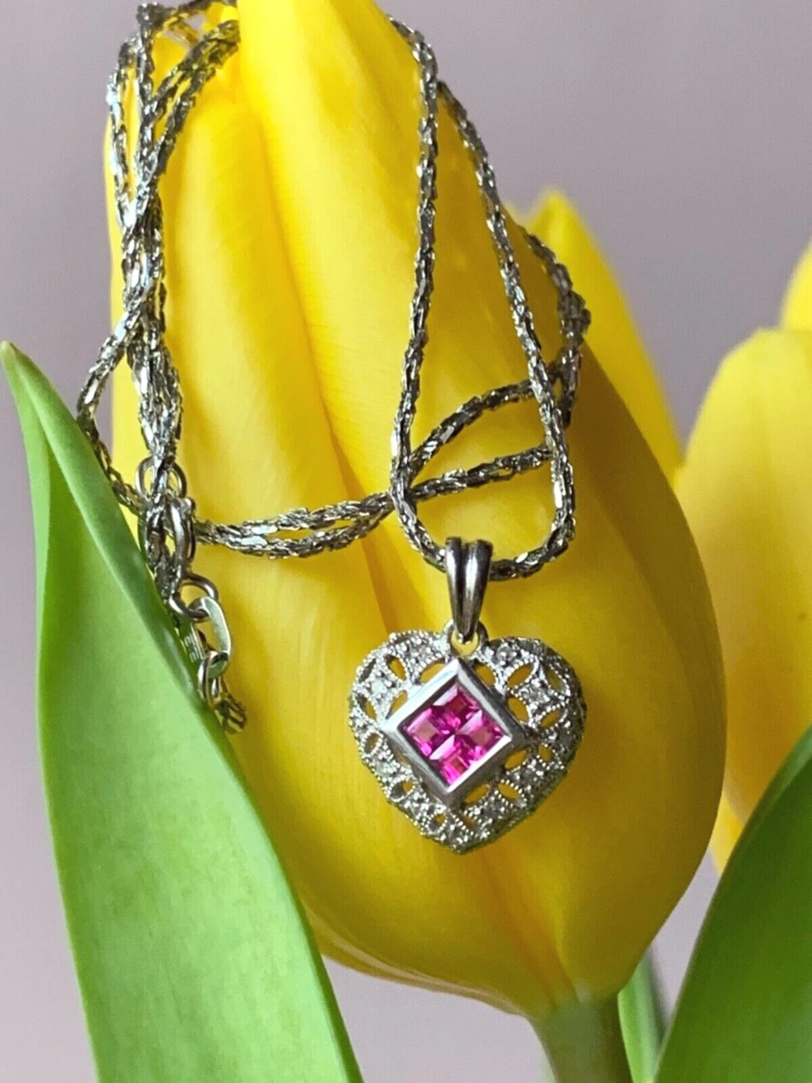 14K White Gold Pink Sapphire Diamond Necklace