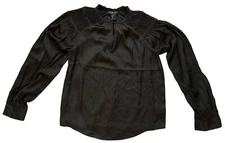 Rachel Zoe Satin Blouse XS Black Long Sleeve Smocked Pleated Detail Keyhole