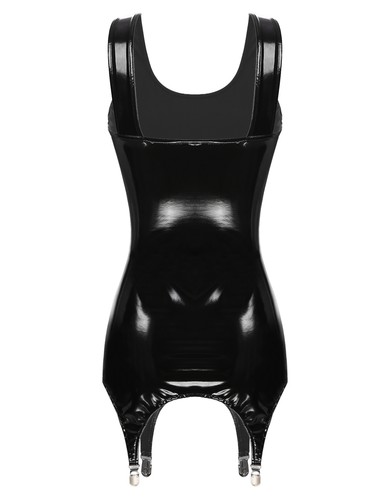 Body donna tubino vestito wet look vernice pelle vinile senza maniche con clip - Foto 13 di 45