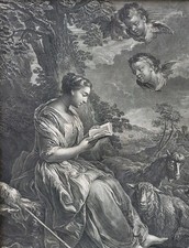 Tableau Gravure Ancienne La Bergère Et Les Anges . Style XlXème Siècle. 
