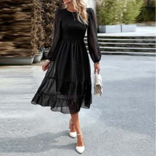 Long Sleeves Dotted Smocked Tiered Midi Dress