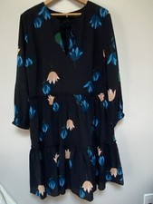 Ann Taylor Womens Navy Floral Tiered Lined V Neck Tie Dress Size 14