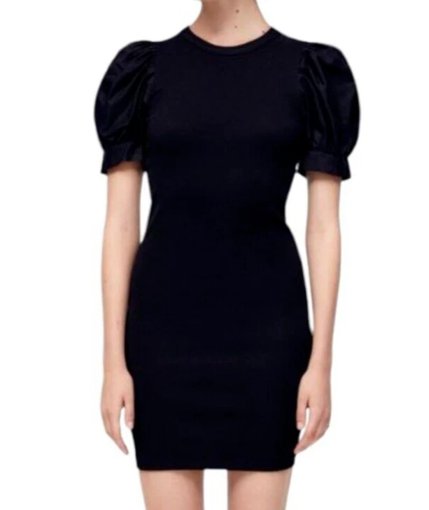 Vestido Zara Bodycon Negro Acanalado Manga Globo Mujer’s Reino Unido Talla S