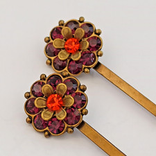 Michal Negrin Hairpin Lot 2 Wine Purple Orange With Swarovski Crystals Flower