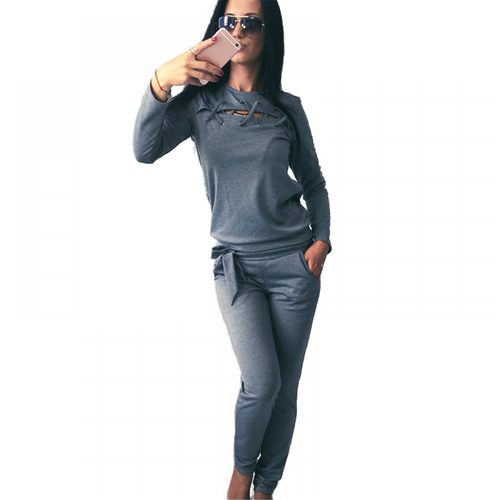 Ladies Tracksuit Set Loungewear Lace Up Sweatshirt Tops Pants Casual Comfy Suit - Picture 10 of 28