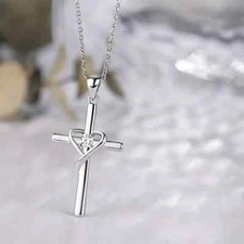 Silver Plated Heart Cross Pendant Necklace Inlaid Zircon For Women