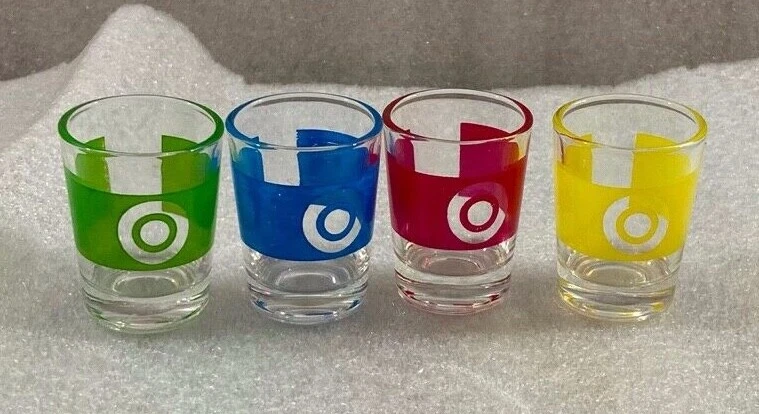 Target small shot glasses set of 4 targets blue red green yellow bulls eye