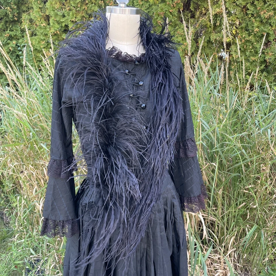 Antique Silk Mourning Dress Black Gown Lace Victorian Bustle Ostrich Feather VTG - Image 3 of 4