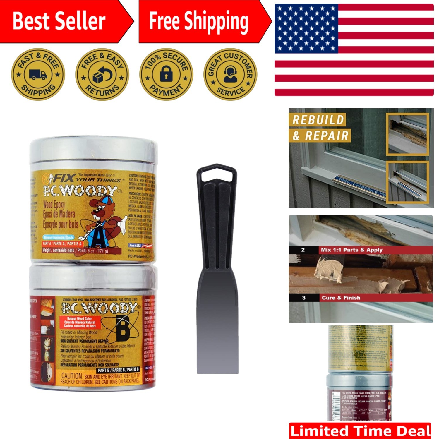 PC-Woody Wood Repair Epoxy Paste Kit - 6 oz Two-Part with Mixing Tool-image