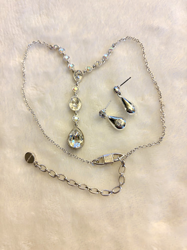 Givenchy Tear Drop Crystal Necklace & Earrings Clear & AB Stones Silver Toned