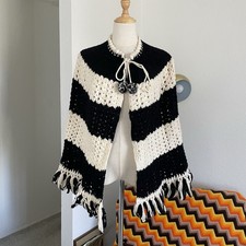 Vintage 1970s Hippie Boho Crochet Tie Knit Cape Poncho One Size Cream Black