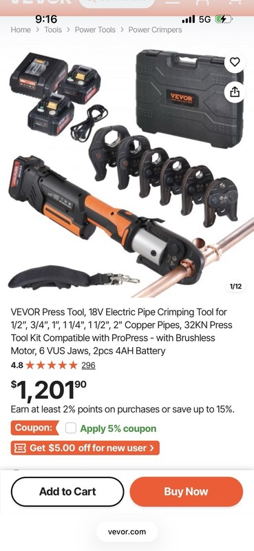VEVOR Press Tool 18V 32KN Electric Pipe Crimping Tool for 1/2" to 2" Copper Pipe