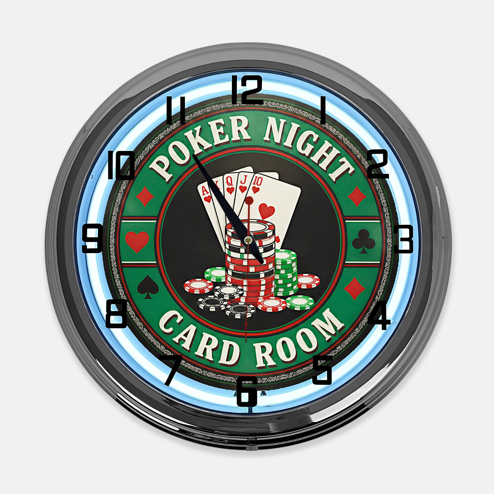 18" Poker Night Card Room Metal Sign Designed White Neon Clock