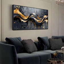 Gold Canvas Wall Art Black Artwork Large Abstract Wall Decorations Modern Pic...