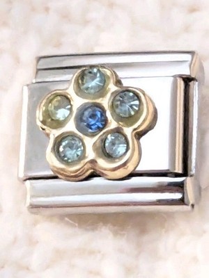 Authentic Gold & Steel CZ Green Stones Daisy 9mm Italian Charms Link P110