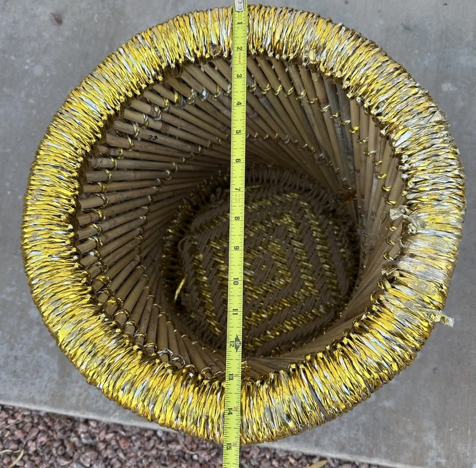 Vintage Gold Embellished Jute & Pencil Reed Stool or Side Drinks Table - Image 3 of 4