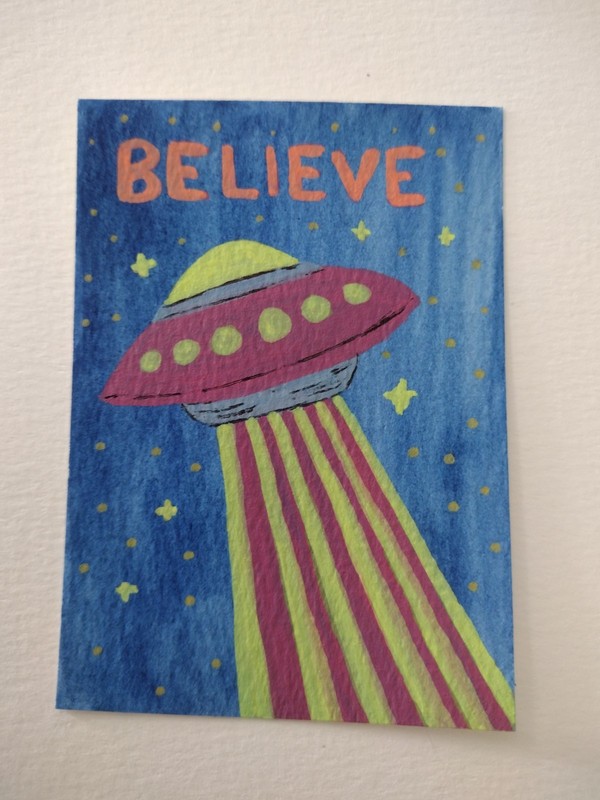 ACEO original UFO alien art card watercolor painting by Tiffany Noel 