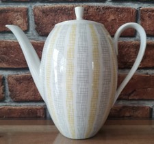 alte Winterling Kaffeekanne mit Deckel Gelb Grau Gitter Muster Bast Vintage 50er