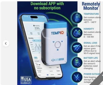 SAFESENSE TEMPIQ*WiFi Temperature & Humidity Sensor App Integration*Alerts*Sense*NOS (G)