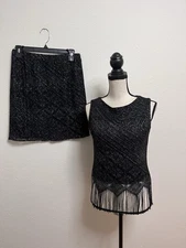 I.N. Studio San Francisco Black Fringe Top & Skirt Set Size 6 VTG Y2K Retro Glam