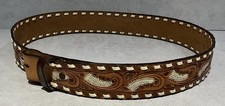 Vintage 1970s Tooled Leather Western Belt Hand Painted White Laced Cowboy