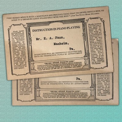 1800s 2 TRADE CARDS- MR. E. A. FAUS, MANHEIM, PA ''INSTRUCTIONS IN PIANO PLAYING''