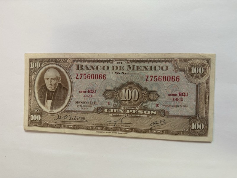 MEX Bank Notes: El Banco de Mexico S.A, 100 Pesos 1972 Serie BUR 1-C-9 B